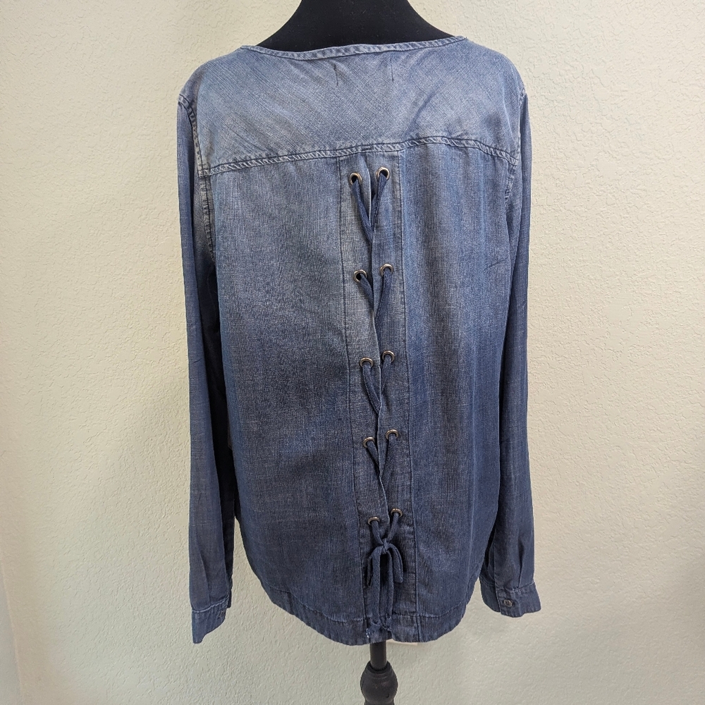 bella dahl Soft Chambray TENCEL Blouse | Lace-Up Back | Effortless Chic | M USA